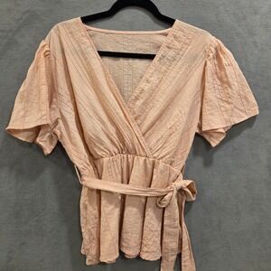 SHEIN Pink Faux Wrap V-Neck Blouse Top Women's Size Large Casual Office Business